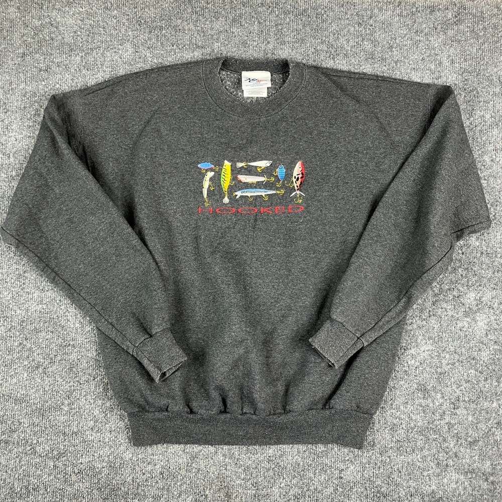 MCSport Sweatshirt Mens L Gray Hooked Fishing Graphic Crewneck Pullover - Picture 2 of 7